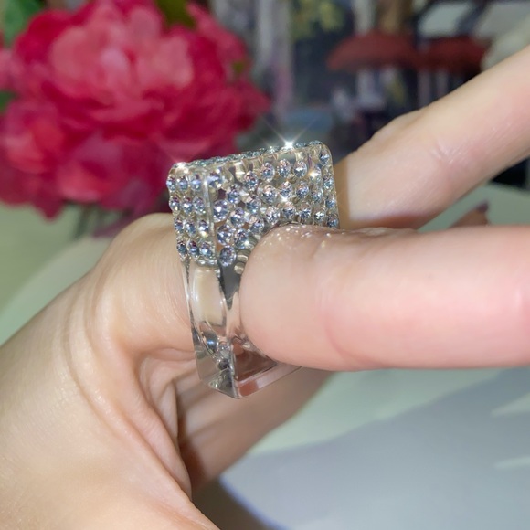 Clear Acrylic Ring With Crystals, Unique Square Shaped Cube Ring For Women - Picture 7 of 13